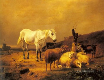 ユージン・ヨーゼフ・フェルベックホーフェン Painting - 風景の中の馬羊とヤギ オイゲン・フェルベックホーフェンの動物